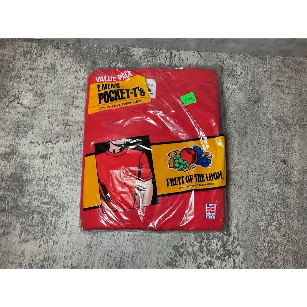 New Vtg 1987 Fruit Of The Loom Men's Pocket T-Shirt Red Large L Preshrunk Cotton